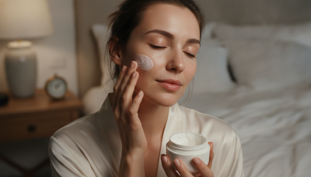 A woman gently applying the DIY collagen cream to her face before bed in a softly lit bedroom
