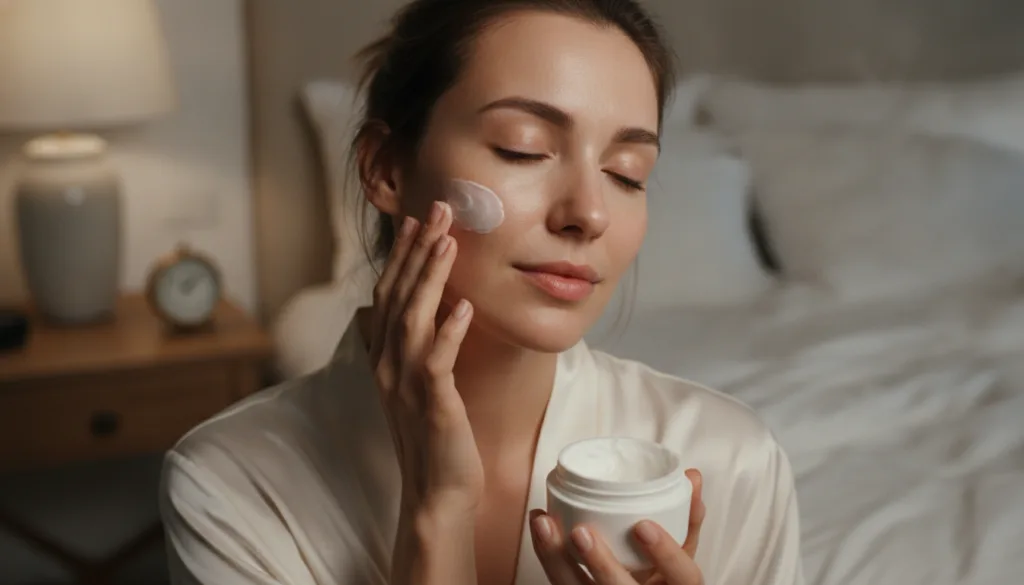 A woman gently applying the DIY collagen cream to her face before bed in a softly lit bedroom