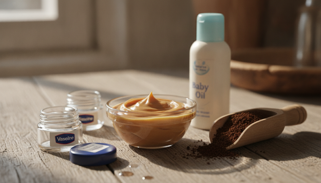 A small bowl of the DIY cream Vaseline baby oil coffee grounds mixed with the ingredients around it on a wooden surface