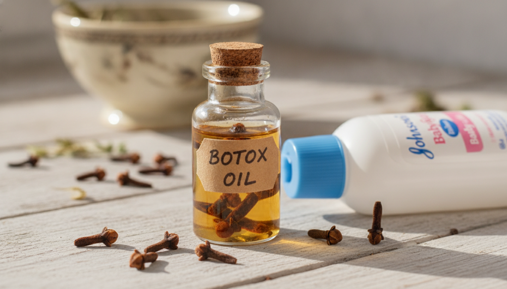 A small glass bottle of homemade Botox Oil with whole cloves steeping in it next to a bottle of Johnson s baby oil and s