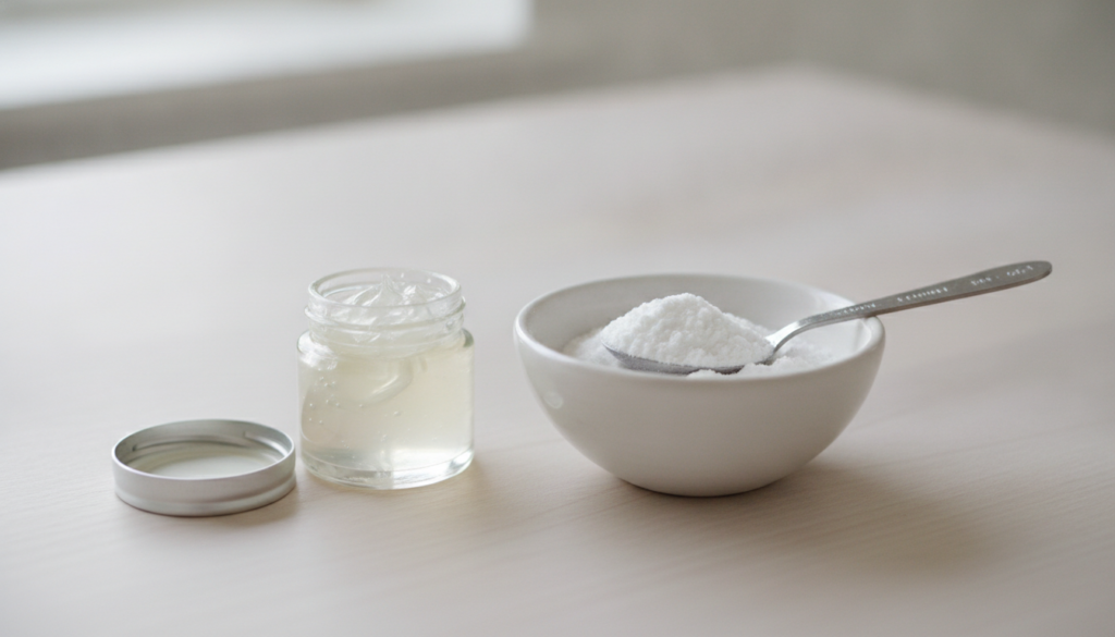 A small open jar of Vaseline next to a small bowl filled with baking soda with a measuring spoon resting in the baking s