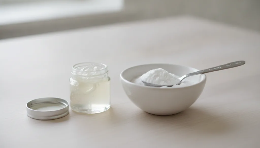 A small open jar of Vaseline next to a small bowl filled with baking soda with a measuring spoon resting in the baking s
