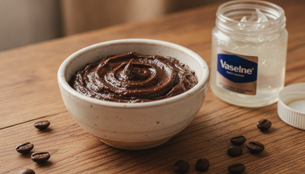 A cozy warm-toned image showing a small bowl of mixed coffee grounds and Vaseline with a jar of Vaseline and some coffee