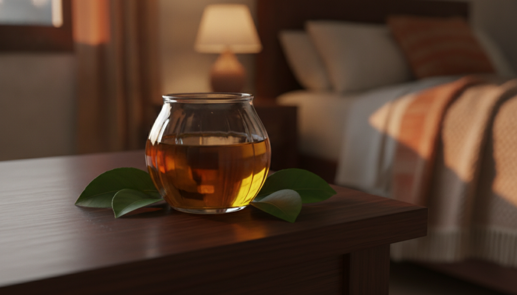A small elegant glass jar filled with a light yellow infused oil with a subtle glow placed on a bedside table next to a 