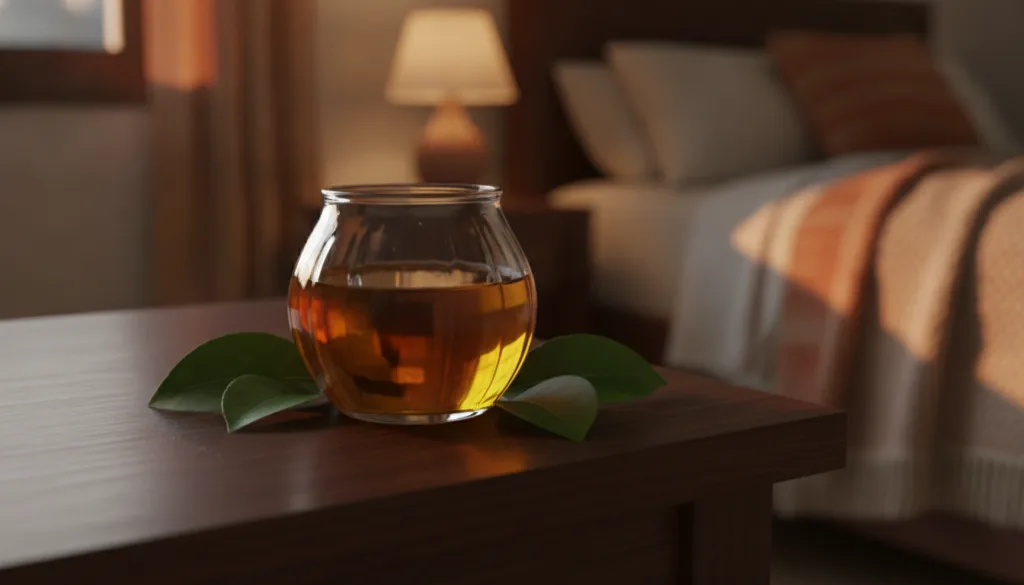 A small elegant glass jar filled with a light yellow infused oil with a subtle glow placed on a bedside table next to a 