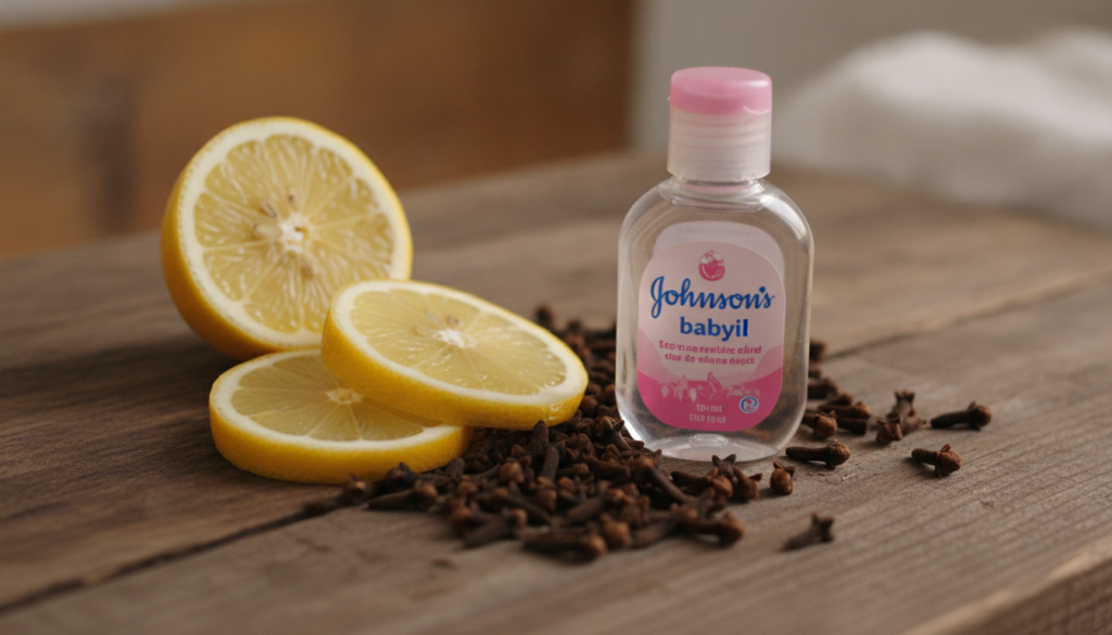 Ingredients for DIY collagen gel Johnson s baby oil fresh lemons and whole cloves arranged attractively on a rustic wood