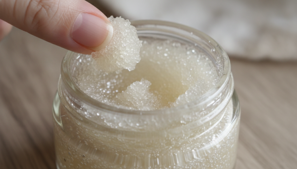 A close-up of a small glass container with a homemade lip scrub made from Vaseline and granulated sugar with a finger ge