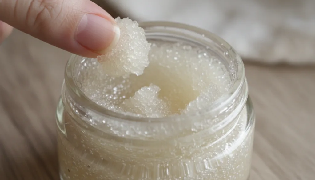 A close-up of a small glass container with a homemade lip scrub made from Vaseline and granulated sugar with a finger ge