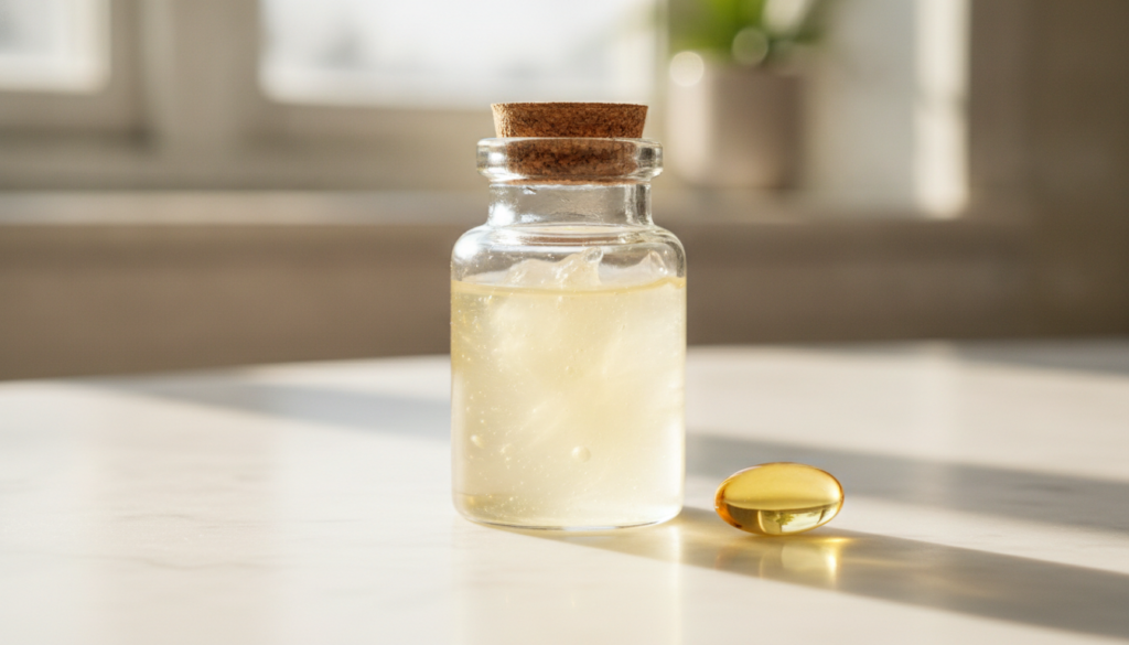 A small glass jar containing a mixture of Vaseline and Vitamin E oil with a single Vitamin E capsule next to it The back