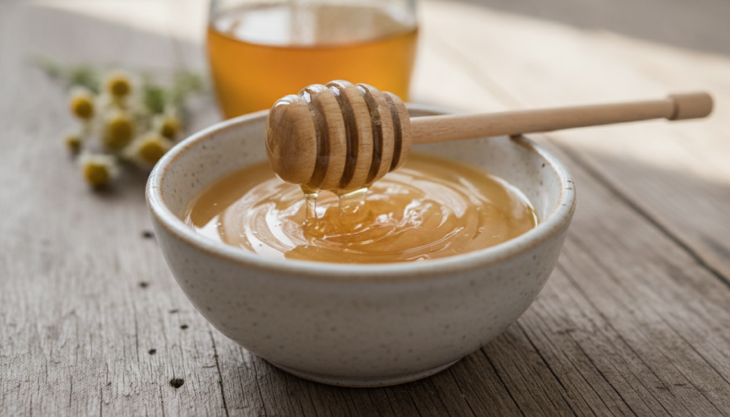 A small bowl with a mixture of Vaseline and golden honey with a drizzle of honey spilling out of a jar and a spoon nearb
