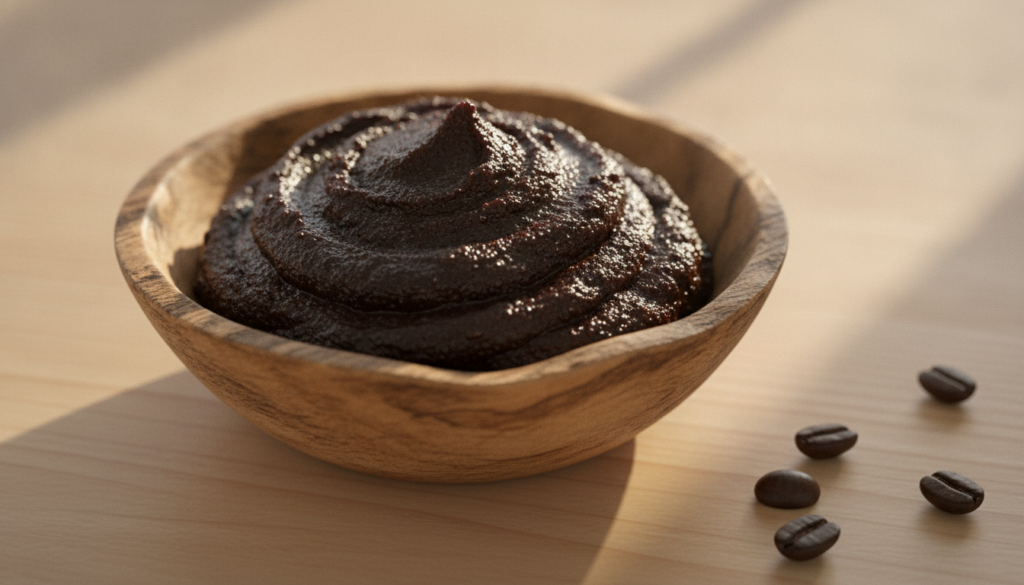 A small wooden bowl containing a dark textured scrub made from Vaseline and coffee grounds with a coffee bean scattered 