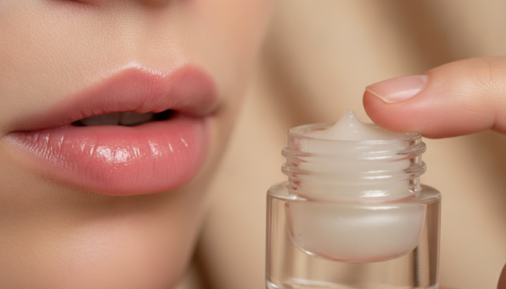 A close-up of soft moisturized lips with a subtle sheen next to a small pot of homemade lip balm