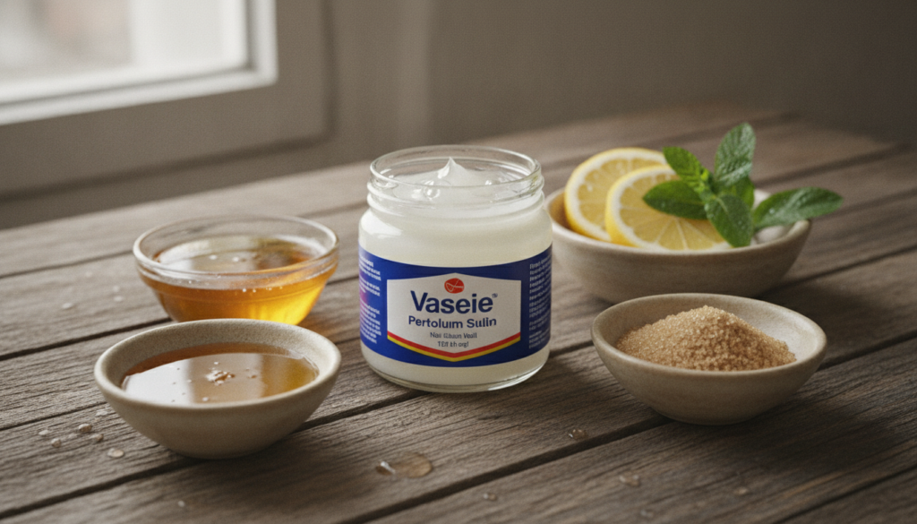 A jar of Vaseline surrounded by natural ingredients like honey sugar and lemon slices on a rustic wooden surface