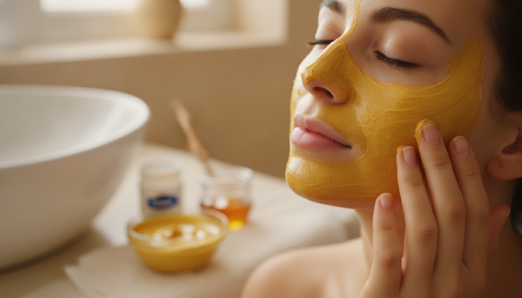 A close-up of a person applying a homemade face mask made with Vaseline honey and a touch of turmeric to their face