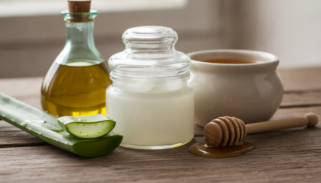 A close-up shot of a small jar of Vaseline surrounded by natural beauty ingredients like honey in a pot olive oil in a s