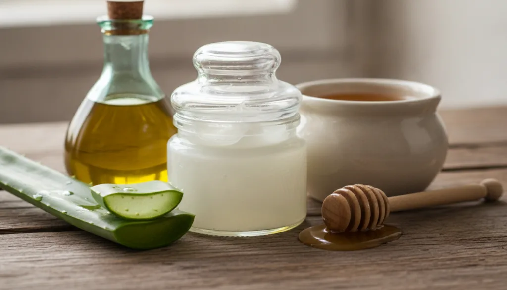 A close-up shot of a small jar of Vaseline surrounded by natural beauty ingredients like honey in a pot olive oil in a s