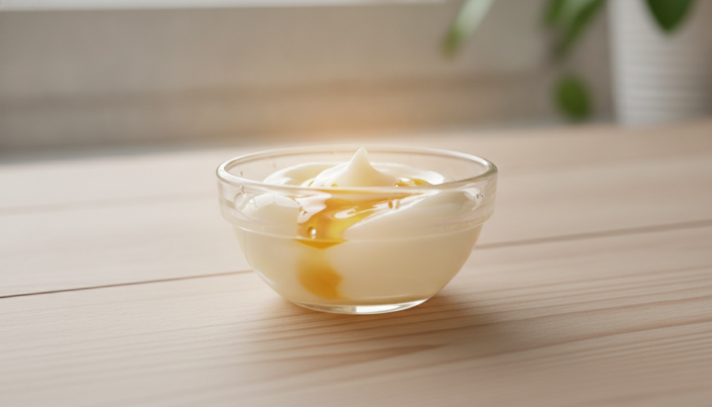 A close-up of a small bowl containing Vaseline mixed with a natural ingredient perhaps Vitamin E oil with a subtle glow 