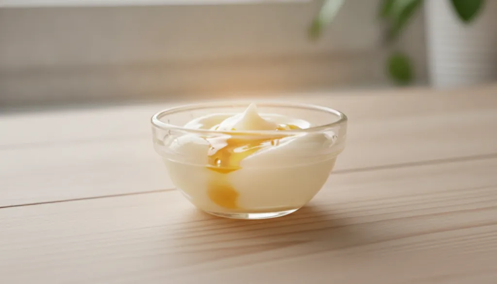A close-up of a small bowl containing Vaseline mixed with a natural ingredient perhaps Vitamin E oil with a subtle glow