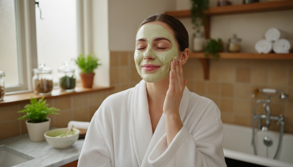 A woman applying a natural face mask made from common kitchen ingredients like honey or turmeric with a soft glowing com