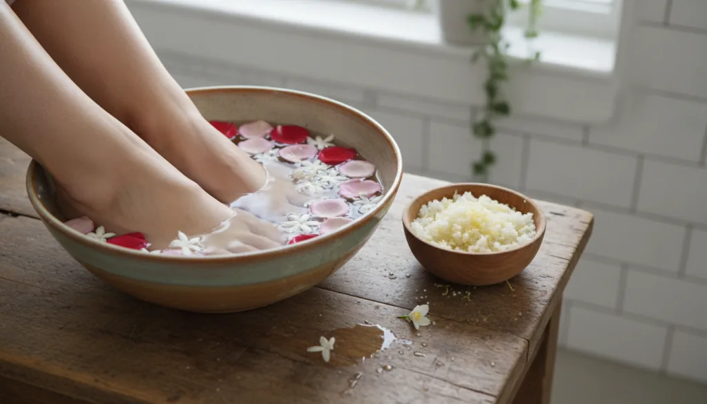 A person s feet soaking in a warm water bath with flower petals next to a bowl of homemade foot scrub in a serene home s
