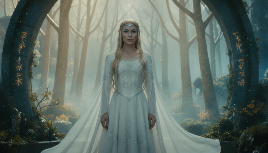 A real film still of Cate Blanchett as Galadriel from The Lord of the Rings looking serene and powerful in a fantasy set