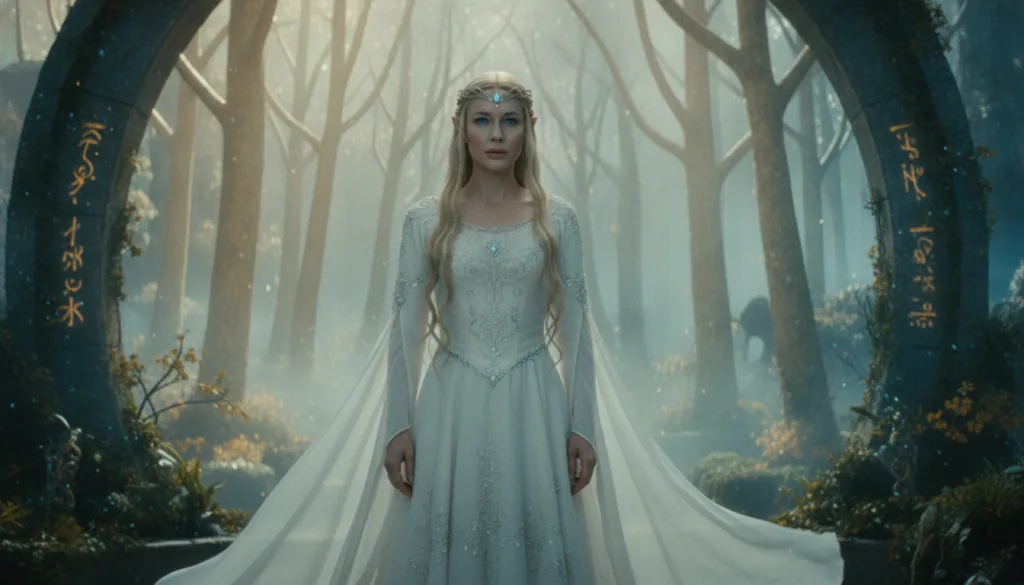 A real film still of Cate Blanchett as Galadriel from The Lord of the Rings looking serene and powerful in a fantasy set