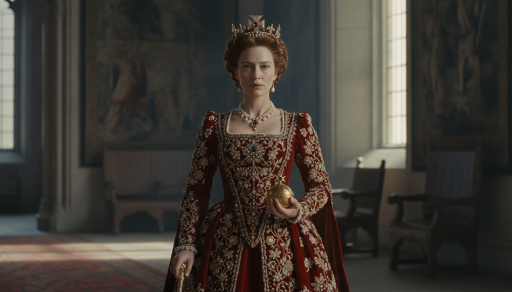 A real movie still of Cate Blanchett as Queen Elizabeth I from the film Elizabeth looking regal and determined in period