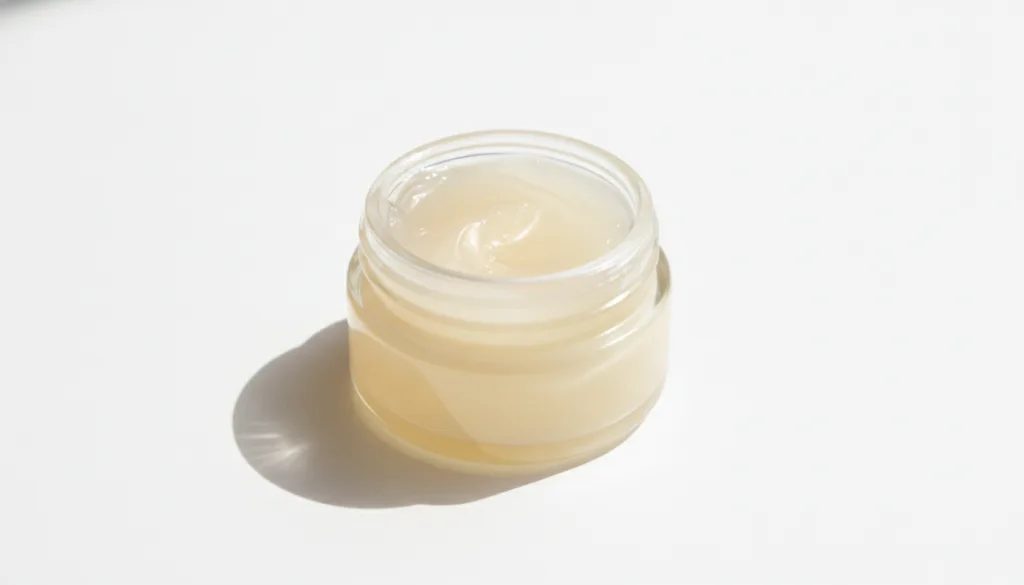 A small open jar of Vaseline petroleum jelly on a clean white background with a soft natural light emphasizing its smoot