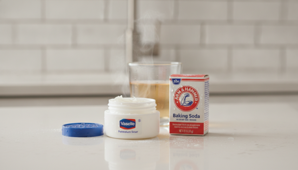 A small classic white tub of Vaseline petroleum jelly sits next to a small red-and-white box of baking soda on a clean l