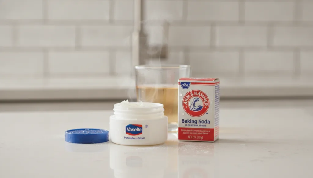 A small classic white tub of Vaseline petroleum jelly sits next to a small red-and-white box of baking soda on a clean l