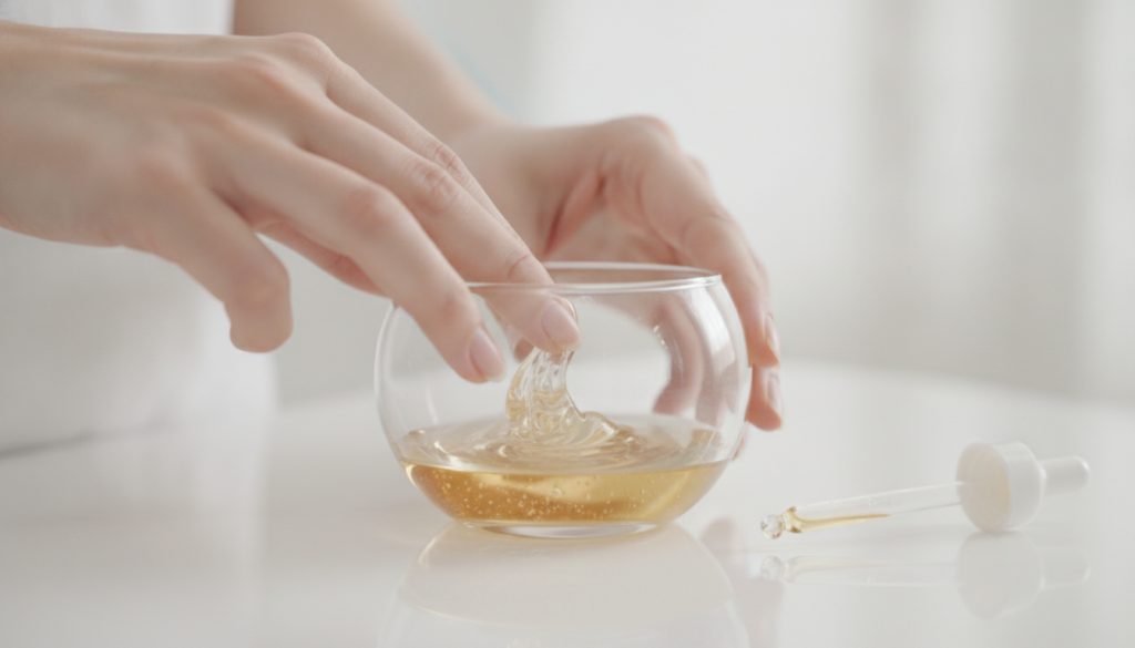 Hands gently mixing Vaseline and almond oil in a small elegant glass bowl with a few whole almonds scattered nearby on a