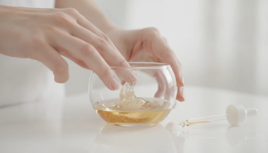 Hands gently mixing Vaseline and almond oil in a small elegant glass bowl with a few whole almonds scattered nearby on a