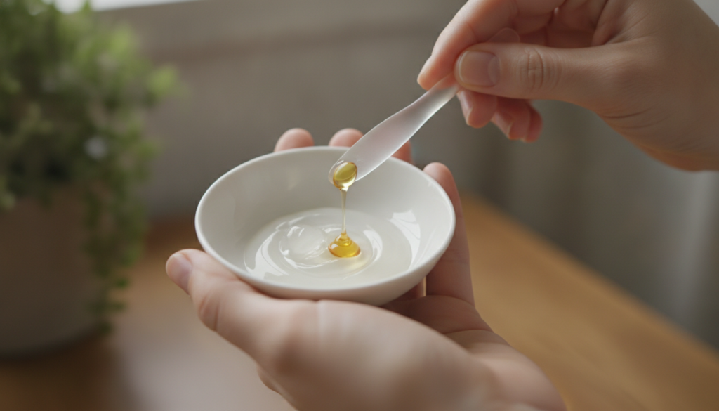 Close-up of hands mixing petroleum jelly Vaseline with liquid from a small capsule in a clean small bowl