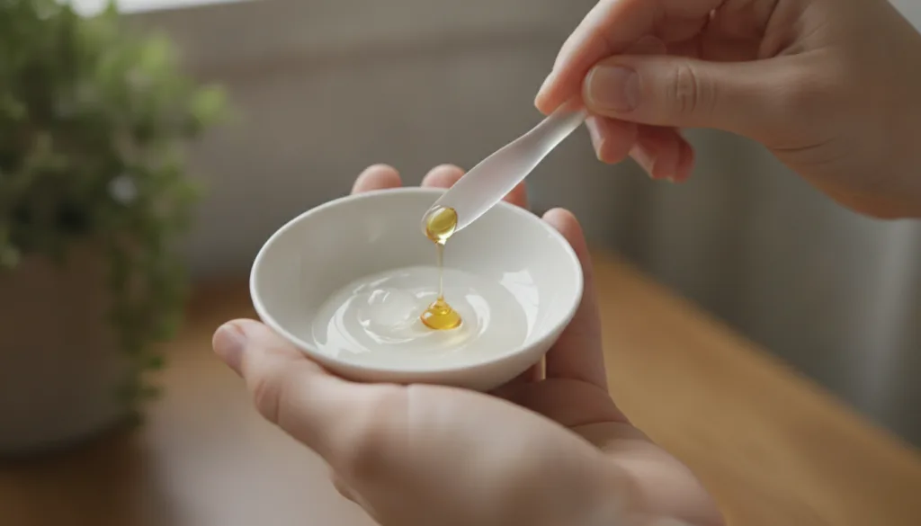 Close-up of hands mixing petroleum jelly Vaseline with liquid from a small capsule in a clean small bowl