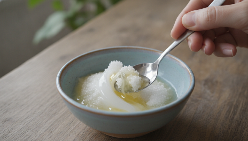 A close-up shot of a small bowl containing a mixture of Vaseline sugar and a few drops of lemon juice with a hand gently