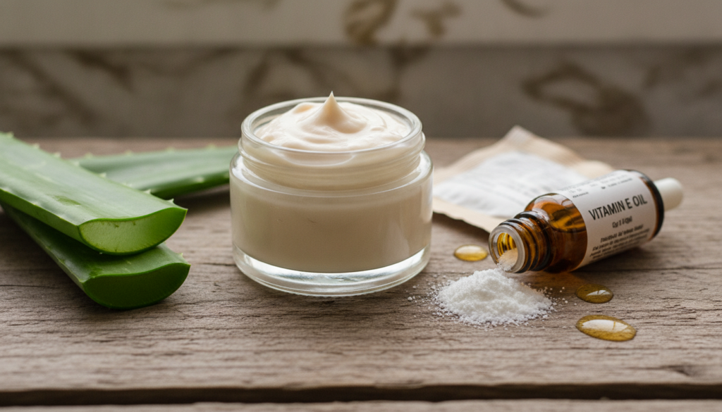 A close-up shot of a small glass jar filled with a light creamy homemade face cream Around it are natural ingredients li