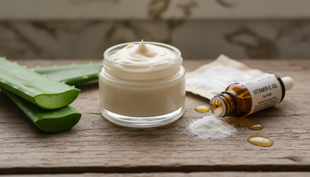 A close-up shot of a small glass jar filled with a light creamy homemade face cream Around it are natural ingredients li