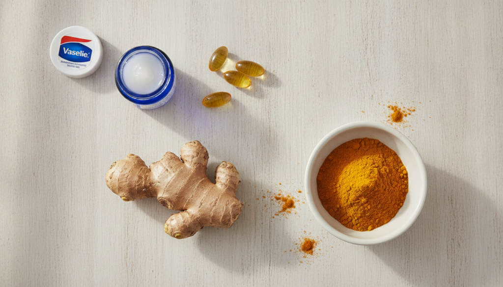 A collection of ingredients for a DIY anti-aging face mask a small jar of Vaseline Vitamin E capsules a piece of fresh g