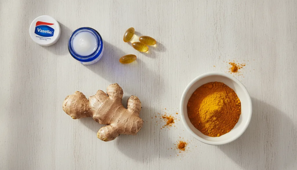 A collection of ingredients for a DIY anti-aging face mask a small jar of Vaseline Vitamin E capsules a piece of fresh g