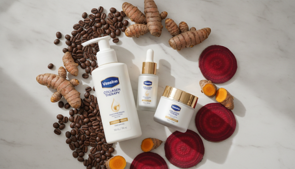 A collection of Vaseline Collagen Therapy products perhaps showing a lotion serum and cream with coffee beans turmeric r