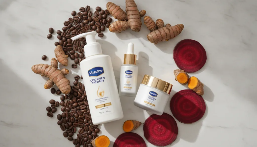 A collection of Vaseline Collagen Therapy products perhaps showing a lotion serum and cream with coffee beans turmeric r