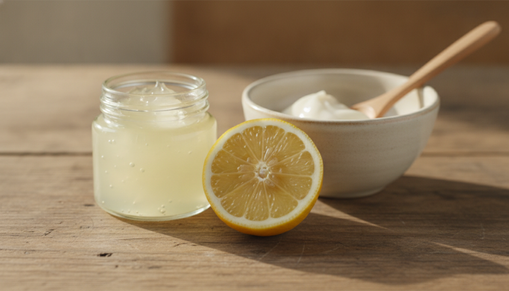 A close-up of a small glass jar of petroleum jelly Vaseline next to a freshly cut lemon half and a small mixing bowl wit