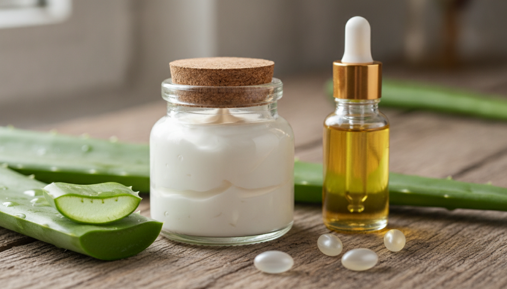 A close-up of a small jar of homemade cream with natural ingredients like aloe vera leaves almond oil and vitamin E caps