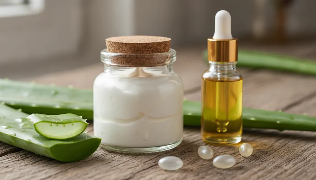 A close-up of a small jar of homemade cream with natural ingredients like aloe vera leaves almond oil and vitamin E caps