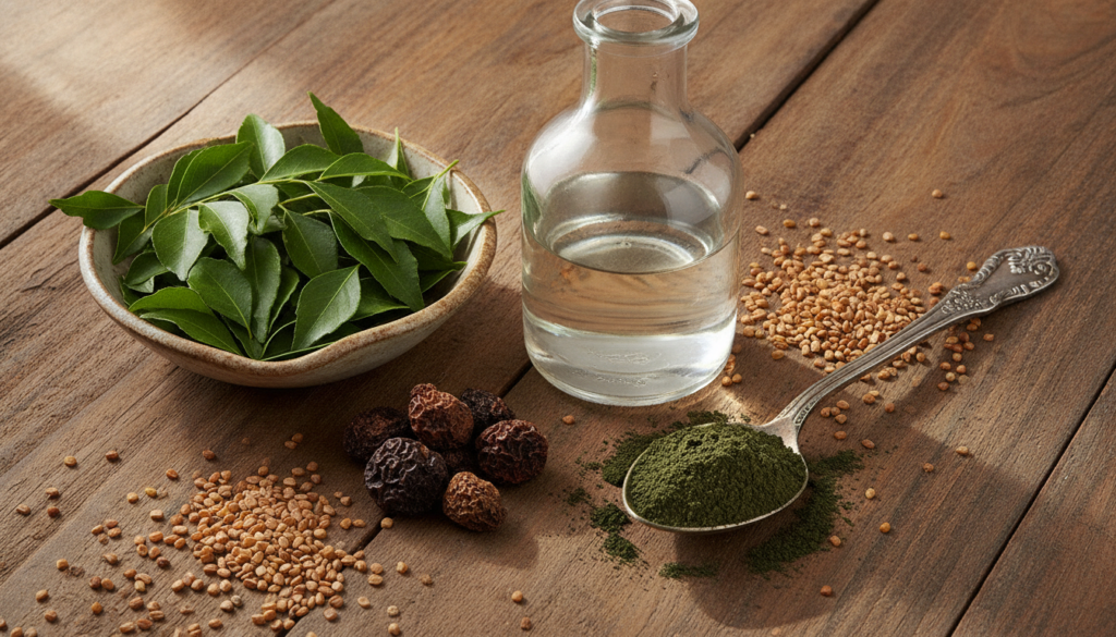 A collection of natural ingredients for hair oil making including coconut oil fresh green curry leaves dried amla bhring