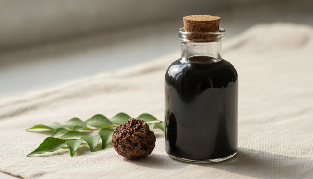 A small glass bottle filled with dark homemade hair oil with a few fresh curry leaves and dried amla pieces artfully arr