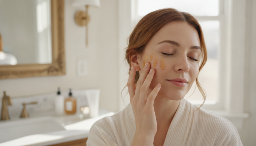 A woman gently massaging a few drops of golden oil onto her cheek with a serene expression demonstrating a skincare rout