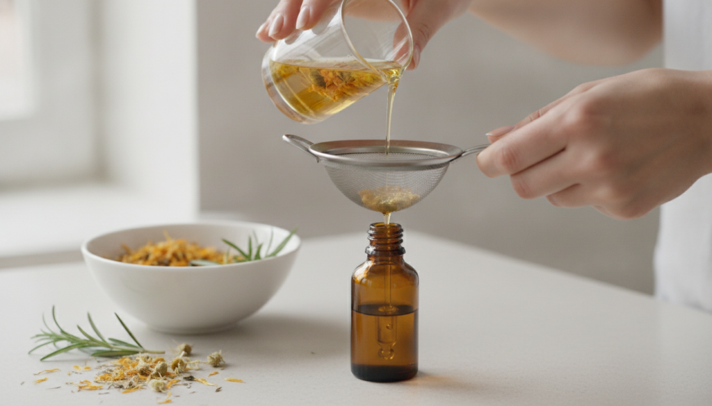 Hands gently pouring the golden infused baby oil through a fine mesh strainer into a small amber glass dropper bottle wi