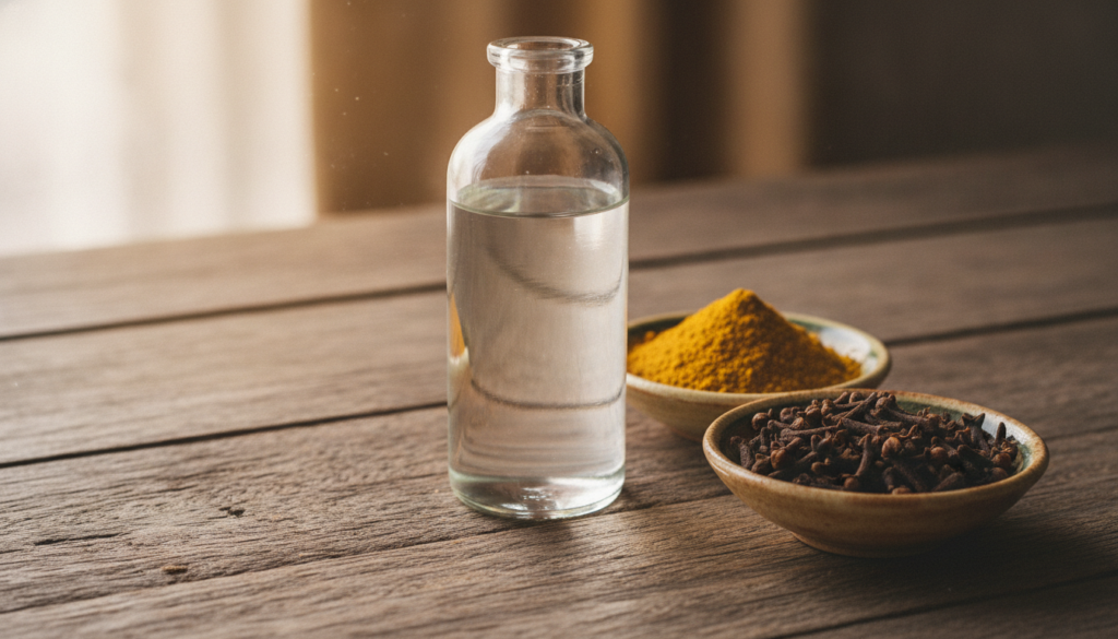 A close-up of a glass bottle of baby oil next to small bowls of dried turmeric powder and whole cloves on a wooden surfa