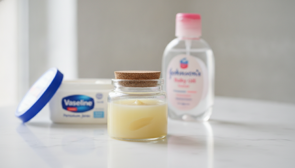 A small clear glass jar containing a homemade balm made from Vaseline and Johnson s Baby Oil with the two original produ